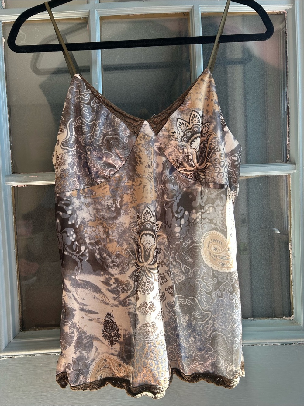 Vintage Y2K Silky Satin Lace Hem Tank Top Cami Xhilaration Brown Paisley Large